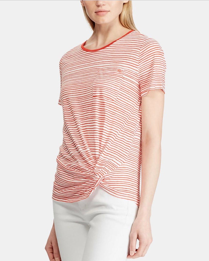 Lauren Ralph Lauren Stripe-Print Twist-Knot T-Shirt - Silk White/geranium