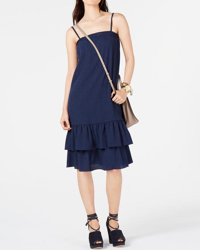 MICHAEL KORS Womens Blue Spaghetti Strap Square Neck MIDI Ruffled Dress Petites Size: PS