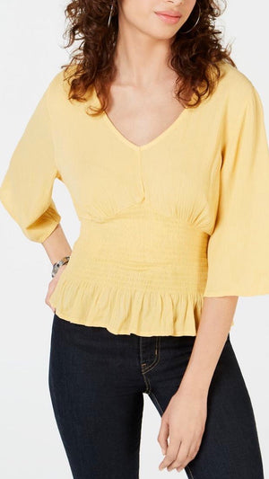 Self Esteem Juniors' Smocked-Waist Bell-Sleeved Blouse - Buff Yellow