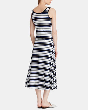 Ralph Lauren Womens Navy Striped Sleeveless Scoop Neck MIDI Fit Flare Dress