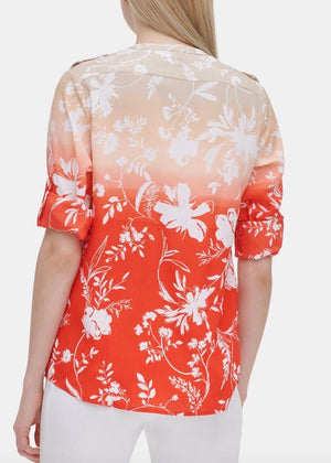 Calvin Klein Floral-Print Flap-Pocket Top - Tango Latte