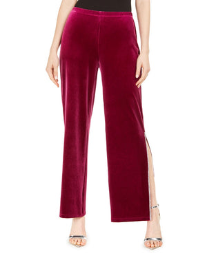 MSK Womens Maroon Slitted Embellished Velvet Solid Evening Pants: Size L (RED)