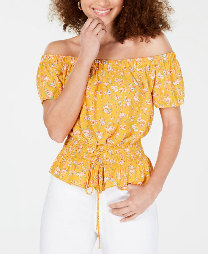 Ultra Flirt mocked Lace-up Off-the-Shoulder Blouse