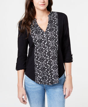 Lucky Brand Printed Button Front Top Black Multi