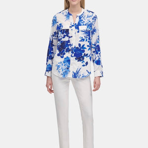 Calvin Klein Printed Roll-Tab Blouse - White