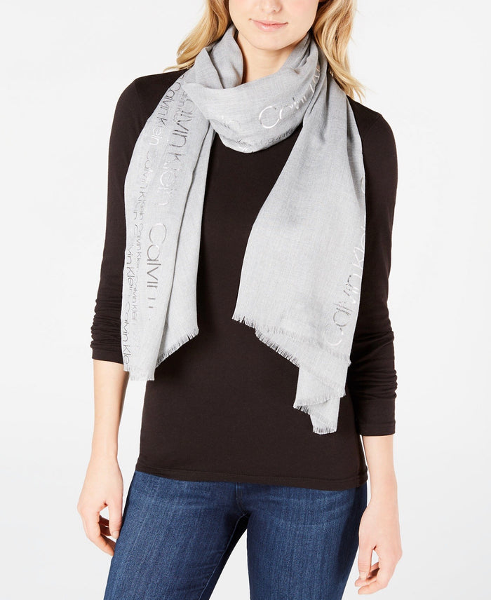 Calvin Klein Women’s Foil Print Logo Scarf (Medium Grey)