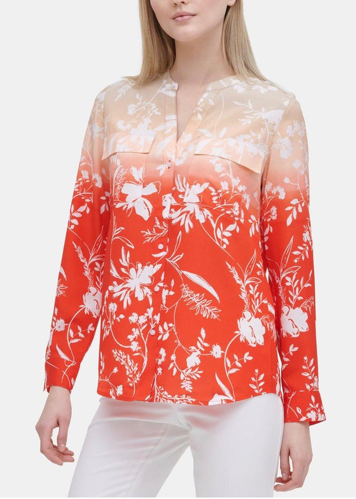 Calvin Klein Floral-Print Flap-Pocket Top - Tango Latte