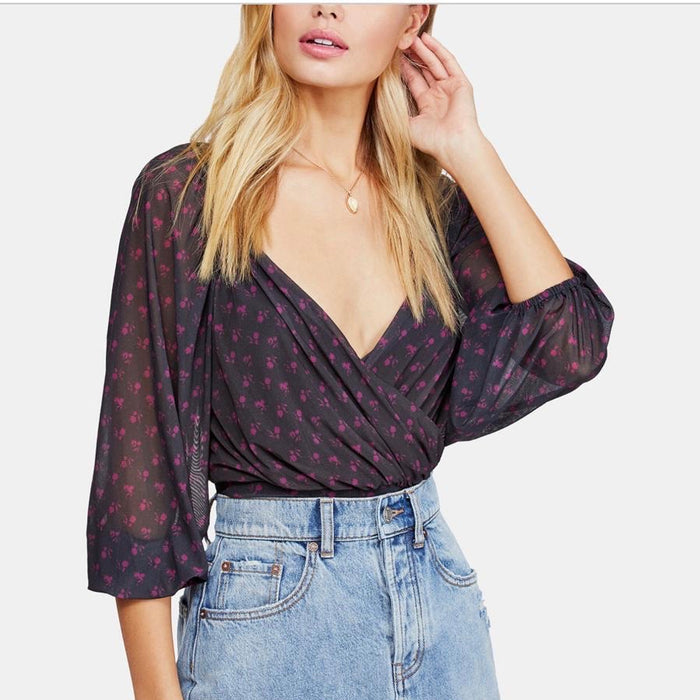 Free People Printed Surplice Blouson Top - Black