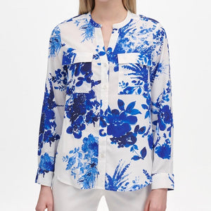 Calvin Klein Printed Roll-Tab Blouse - White