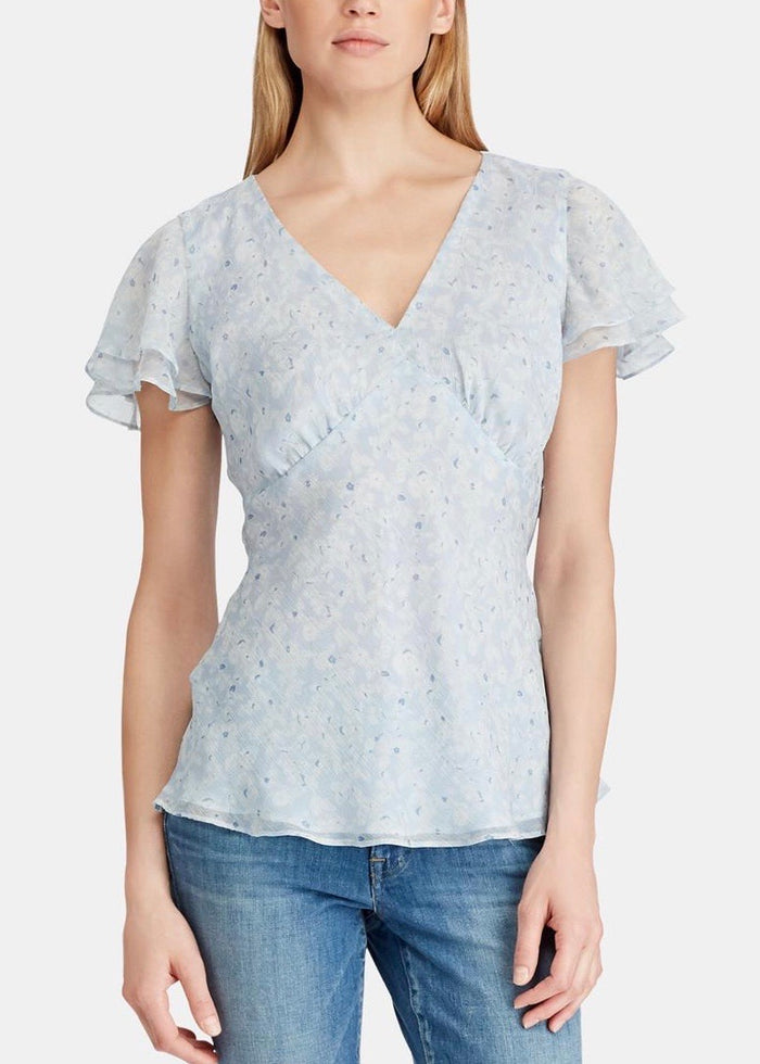 RALPH LAUREN Womens Light Blue Floral V Neck Top Size: S