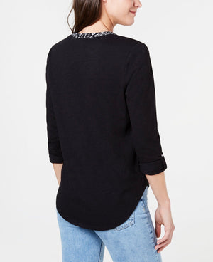 Lucky Brand Printed Button Front Top Black Multi