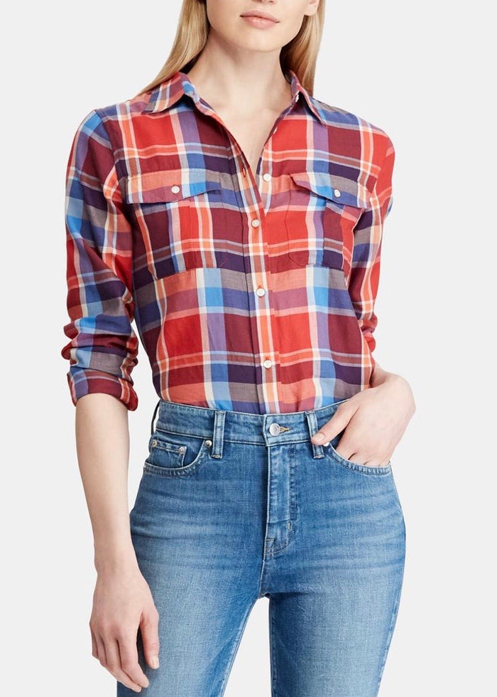 Lauren Ralph Lauren Womens Courtenay Plaid Button Front Casual Top