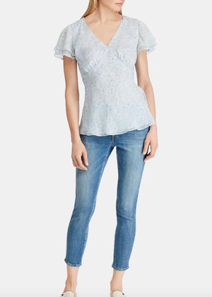 RALPH LAUREN Womens Light Blue Floral V Neck Top Size: S