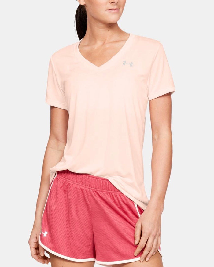 Under Armour Women's Tech Short Sleeve V Neck-Twist Tee (Size S) Orange/Metallic Silver, Polyester