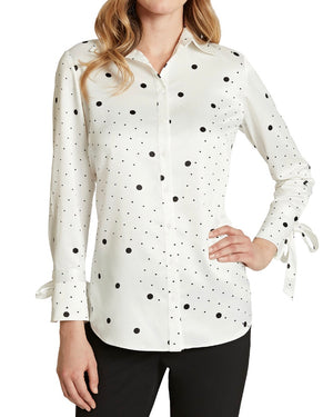 Tahari ASL Womens Petites Blouse Polka Dot Button-Down - White/Black