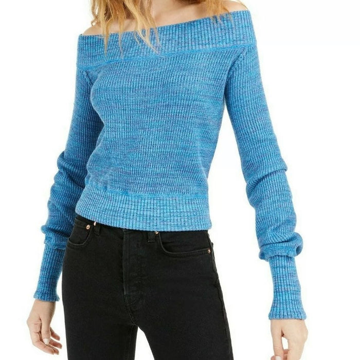 Free People Womens Blue Long Sleeve Off Shoulder Sweater