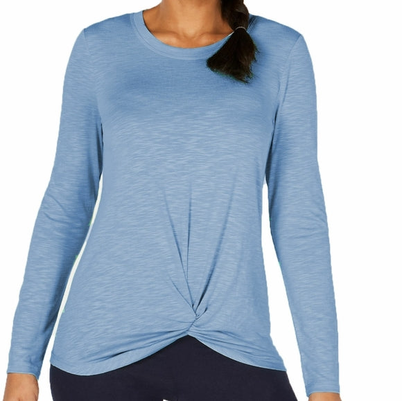 Ideology Womens Blue Knotted-bottom Long Sleeve Crew Neck T-Shirt