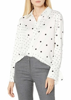 Tahari ASL Womens Petites Blouse Polka Dot Button-Down - White/Black