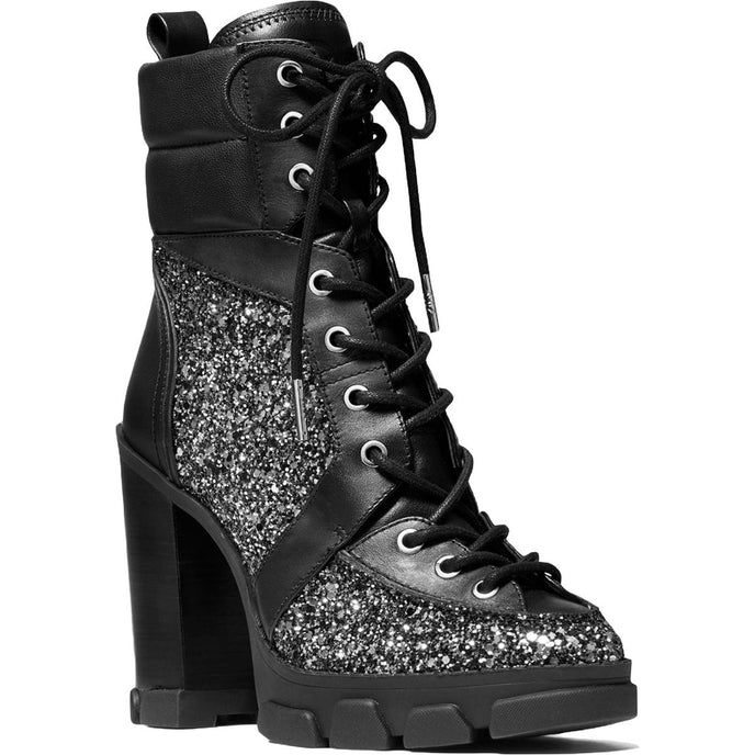 MICHAEL Michael Kors Womens Ridley Combat & Lace-up Boots Leather Glitter - Black/Silver